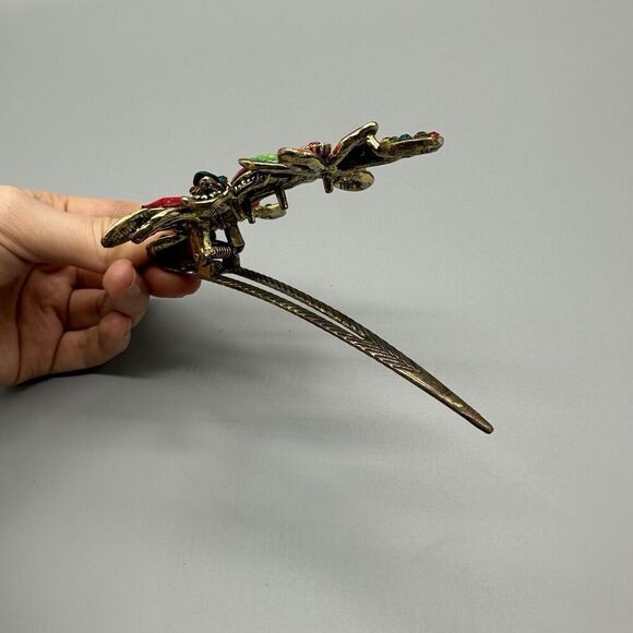 Vintage 1980s Hair Clip Gold Colored Metal Butterfly Colorful Rhinestones Beads - Picture 5 of 7